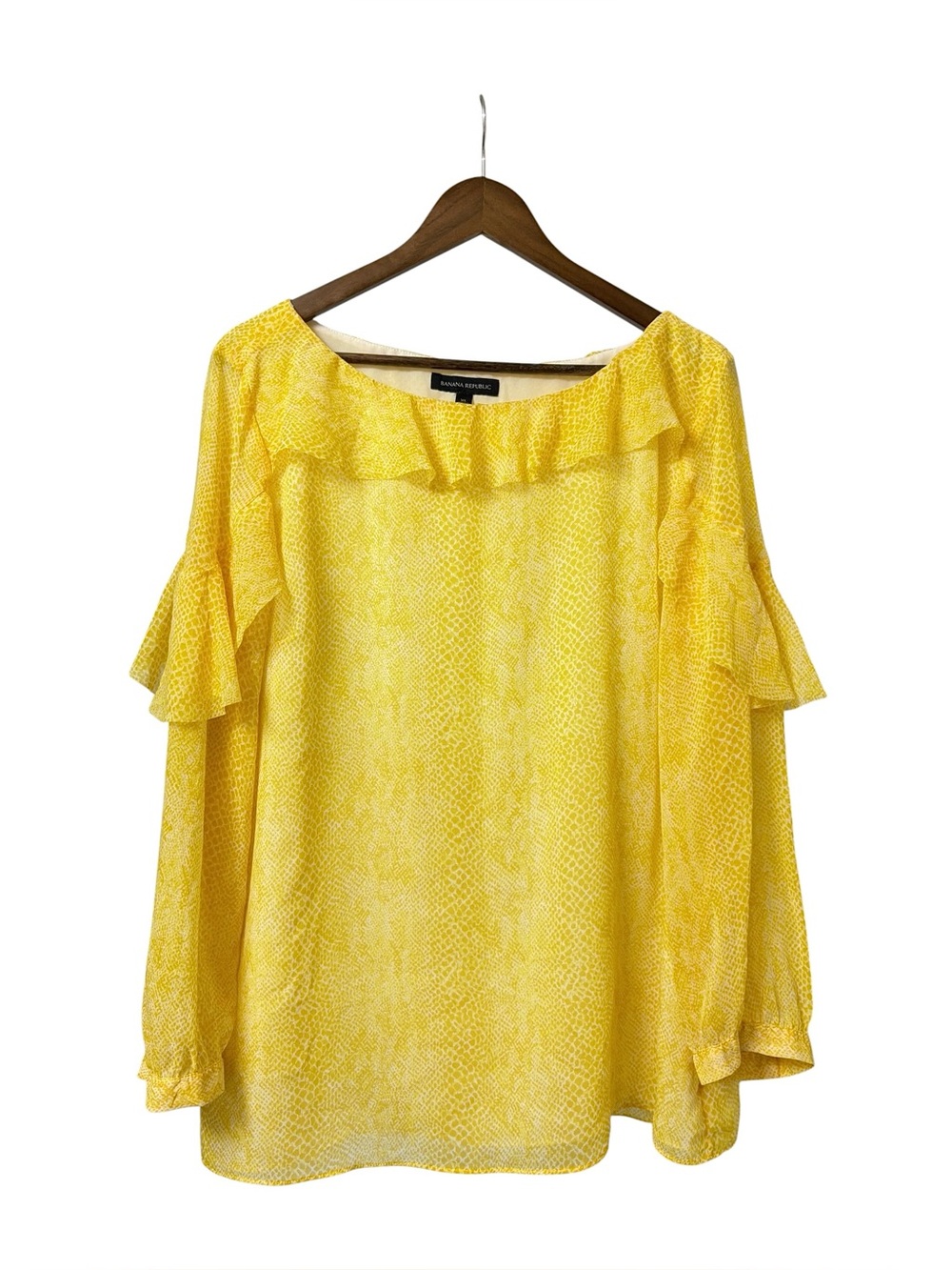 Banana Republic yellow ruffled python print sheer lined long sleeve blouse XL